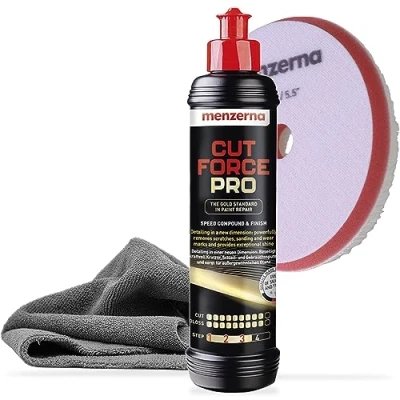 Immagine di Menzerna Cut Force Pro Set lucidante per auto, 250 ml, 3 in 1, rimuovere i graffi, pasta abrasiva professionale One Step tutti tipi di vernici + tampone lucidatura Orbital Wool panno