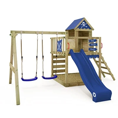 Immagine di gioco da giardino WICKEY Smart Cave con altalena e scivolo blu, struttura esterno per bambini sabbiera, scaletta accessori