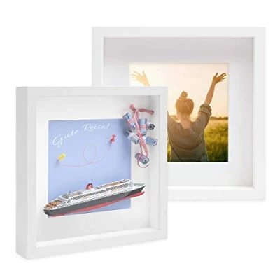 Immagine di PHOTOLINI 3D cornici 30x30 cm Bianco, Cornice Profonda con Vetro e passe partout, Set di 2 per Oggetti Fino a 3 profondità, Legno MDF Perfetta Il Fai da Te Come Regalo