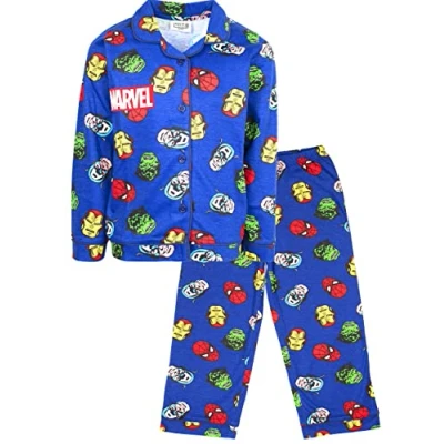 Immagine di Marvel Pigiama per bambini Blu Button Down Supereroi 100% cotone Sleepwear Merchandise ufficiale 3/4 anni, Blu, 3 4 Anni