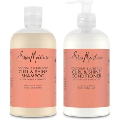 Immagine di SheaMoisture Curl &amp; Shine Shampoo 384 ml + balsamo per capelli spessi e ricci, cocco ibisco senza siliconi solfati, 2 pezzi