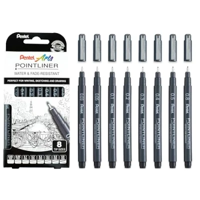 Immagine di Pentel Pointliner Pigment Liner S20P Pennarelli a punta fine, 0,03 mm, 0,05 0,1 0,2 0,3 0,4 0,5 0,8 inchiostro nero, confezione da 8
