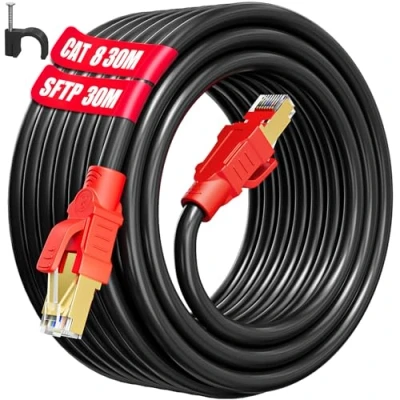 Immagine di Soibke Cavo Ethernet 30 Metri, Cat 8 di Rete Schermato per Esterno Interno LAN 30m Alta Velocità RJ45 Gigabit 40Gbps 2000MHz SFTP 26AWG Internet Patch Lungo Nero Router Modem