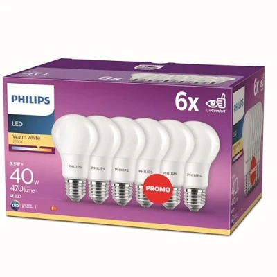 Immagine di Philips Lampadine LED Luce Bianca Calda Effetto Smerigliato, E27, 5.5 W Equivalenti a 40 W, 2700K, Confezione da 6