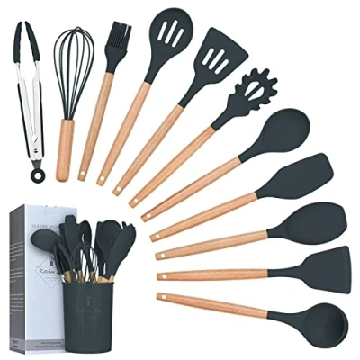 Immagine di Lychee Utensili Cucina Set,12 Pezzi Set di da in Silicone,Resistente al Calore con Manico Legno Antiaderenti Strumento Cottura Termoresistenti (Grigio)