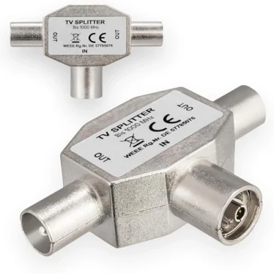 Immagine di Distributore TV HB DIGITAL per cavo DVB C + ricezione terrestre Splitter T2 Adattatore T a 2 vie alloggiamento metallico Antenna 1x ingresso presa IEC femmina 2X uscita spina maschio