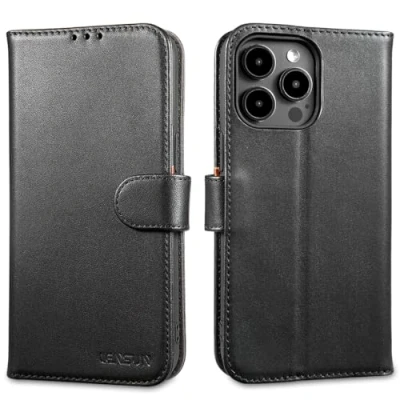 Immagine di Lensun Custodia per iPhone 15 Pro Max, Cover in Vera Pelle [RFID Blocking] Libro con Portafoglio Chiusura Magnetico Flip Custodie Cuoio Telefono Max 5G Nero