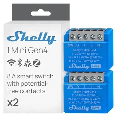 Immagine di Shelly 1 Mini Gen4 Interruttore Relè Intelligente Wi Fi, Canale, 8A, Contatti Puliti, Domotica, Controllo Porta Garage, Nessun Hub Richiesto, Matter, Alexa, Google, HomeKit, Zigbee (2 Pezzi)