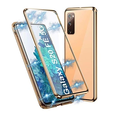 Immagine di HaptiCase Cover per Samsung Galaxy S20 FE 5G Adsorbimento Magnetico Custodia Antiurto Doppia Lati Trasparente Vetro Temperato in Alluminio Metallo Telaio 360 Gradi Protezione Case Oro