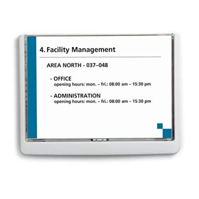 Immagine di Durable 486602 Click Sign, Targa Fuori Porta in ABS, Sportellino Apribile con Tasto, Installazione Viti o Biadesivo, 210x148,5 mm, Bianco