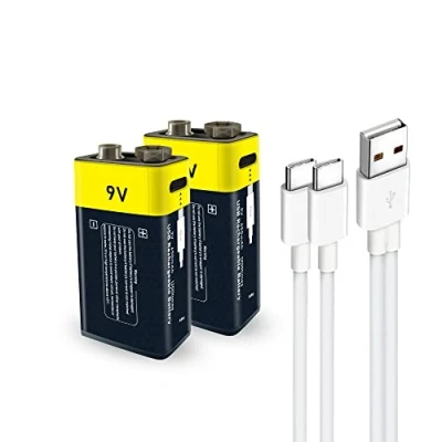 Immagine di batteria ricaricabile al litio ION di tipo C 9 V, 1,5 V USB, litio, 650 mAh, con cavo ricarica C, rapida in 2 ore (2 set) (9 V)