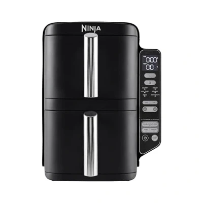 Immagine di Ninja Double Stack Friggitrice ad Aria Verticale a 2 Scomparti, con Griglie, 4 Livelli di cottura, Design salva spazio, Capacità 7,6L, 6 Funzioni Porzioni, Nero SL300EU