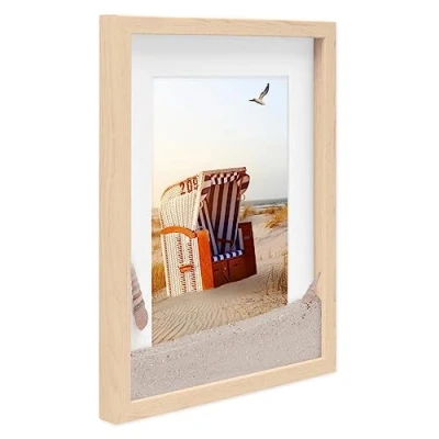 Immagine di PHOTOLINI 3D cornice 30x40 cm naturale, profonda con vetro e passe partout, per oggetti fino a 1,5 di profondità, legno MDF perfetta il fai da te come regalo