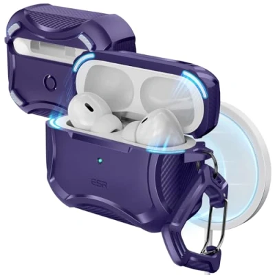 Immagine di ESR Custodia per AirPods Pro 2, MagSafe Ready, 2a/1a generazione (2023/2022/2019), potente protezione dalle cadute, coperchio magnetico, Cyber Armor Tough Pro, viola