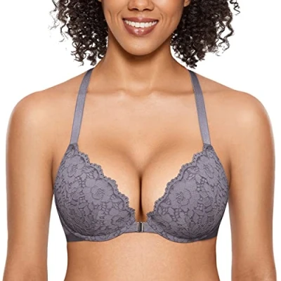 Immagine di DOBREVA Donna Reggiseno Push Up Apertura Frontale Pizzo con Ferretto Imbottito Scollatura Profonda Ferro Grigio 3C