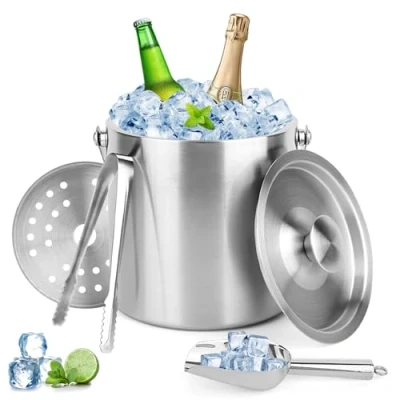 Immagine di NVIYAM 2L Secchiello per Ghiaccio,a Doppia Parete Ghiaccio Vino Bottiglie Champagne,con coperchio, pinze, colino e manico,con Coperchio Manico Pinzeper Casa Bar Feste