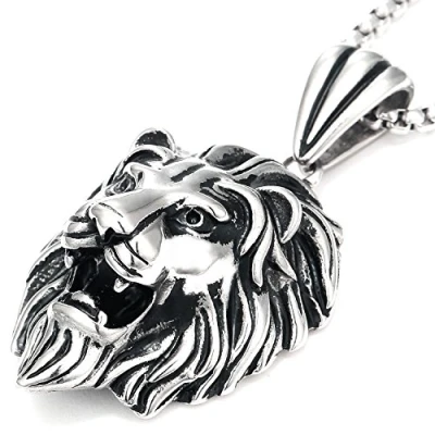 Immagine di DonDon Collana da uomo in pelle o acciaio inox e ciondolo con leone inossidabile, sacchetto per gioielli, colore: argento, cod. AM04 EM52_us2