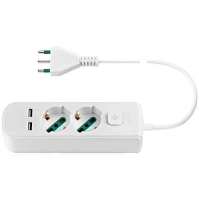Immagine di Vimar 0R00625.CC.B Presa multipla con interruttore e cavo da 1,5 m, 2 uscite SICURY universale spina standard italiano, USB A, bianco