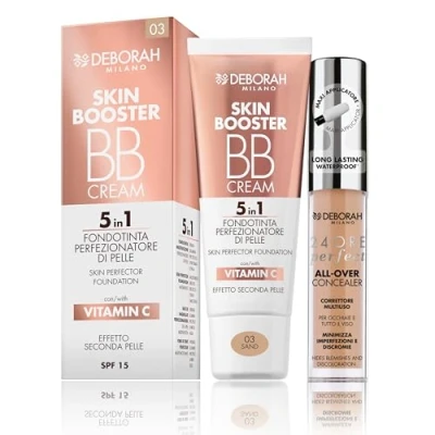 Immagine di Deborah Milano Set Makeup BB Cream Skin Booster, SPF 15, 03 Sand, con Vitamina C, Effetto Seconda Pelle, 30ml e Correttore Fluido 24 Ore Perfect All Over, 05 Amber, Waterproof Long Lasting, 5.5gr