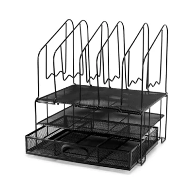 Immagine di QWORK® organizer scrivania in rete, con cassetto e 6 supporti verticali, cassetti scrivania, nero
