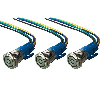 Immagine di QitinDasen 3Pcs Premium 12V / 24V 5A Interruttore a Pulsante Autobloccante, 16mm in Metallo con LED Verde, Avviamento Auto Acciaio Inossidabile impermeabile