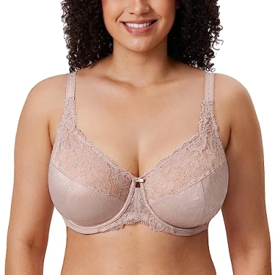 Immagine di DELIMIRA Reggiseno Donna Minimizer in Pizzo Taglie Forti con Ferretto Sostegno Totale Jacquard Senza Imbottito Marrone Chiaro 3D