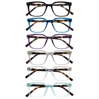 Immagine di OPULIZE KOI Occhiali da Lettura, Confezione 6 Rettangolare Nero Blu Viola Grigio Trasparente Verde Acqua Cerniere a Molla RRRRRR50 1357CQ +3.00