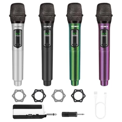 Immagine di talomen microfono wireless karaoke 2,4 GHz, dinamico portatile professionale con ricevitore ricaricabile, per canto, karaoke, feste, esibizioni dal vivo, K604 Argento, Nero, Verde, Viola