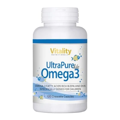 Immagine di Omega 3 per Bambini 435mg, Olio di pesce con 0,34g DHA + 0,09g EPA Vitamina D E, 120 capsule masticabili, gusto Tutti Frutti, 40 Giorni. Vitality Nutritionals by VitaminExpress
