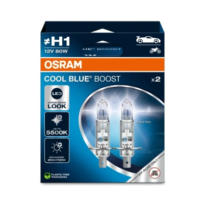 Immagine di OSRAM COOL BLUE BOOST, H1, halogen headlight lamps, up to 5500K, Hanging folding box (2 lamps), offroad use only