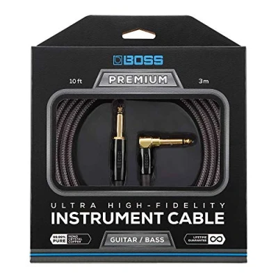 Immagine di Cavo Per Strumenti ad Altissima Fedeltà BOSS BIC P10A 3m / 10ft Spine da 1/4&quot; Dritta e Angolo Retto con Connettori Placcati in Oro 24K un suono superiore dalla vostra chitarra o basso