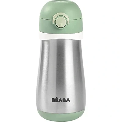 Immagine di BÉABA, 2 in 1 Bottiglia Acciaio Inossidabile Bambini, Funzione Bottiglia/Bicchiere, Pulsante Facile Apertura, Solido, Maniglie Rimovibili, Freddo/Caldo, 350ml, verde salvia