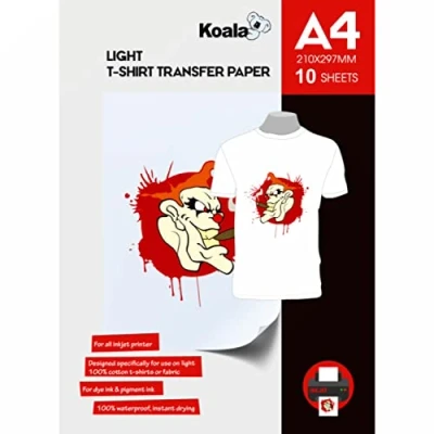 Immagine di KOALA 10 fogli, A4, Carta da stiro per Termoadesiva trasferimento di maglietta e tessuti colore chiaro, adatta stampanti a getto d&#039;inchiostro.