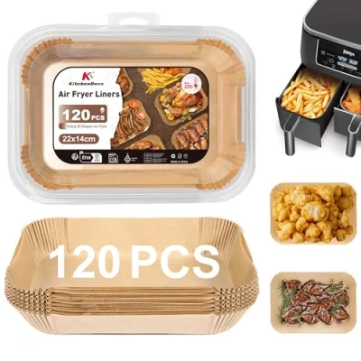 Immagine di KitchenBoss Carta Forno per Friggitrice ad Aria: 120 Pezzi Rettangolare Fogli 22 x 14cm, Antiaderente Impermeabile Antiolio Air Fryer Accessori Compatibile con Ninja AF300EU AF400EU