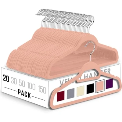 Immagine di Utopia Home Grucce in velluto antiscivolo di alta qualità (42 cm) resistente con barra fissaggio, gancio rotatorio a 360 gradi salvaspazio (Rosa, 20)