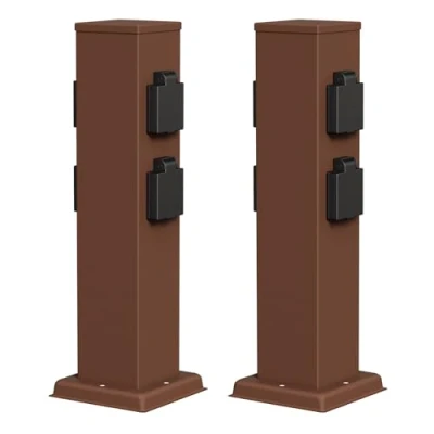 Immagine di ledscom.de 2 prese da giardino a colonna POLLY per esterni, IP44, 4 vie, acciaio inox, marrone, quadrate, 40 cm