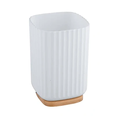 Immagine di Wenko Bicchiere Porta Spazzolini Rotello, per in Plastica e Fondo di Bambù, Riporre Accessori Dell’Igiene Orale con Pratico Design Rigato, Ø 8,6 X 11,1 Cm, Bianco/Naturale