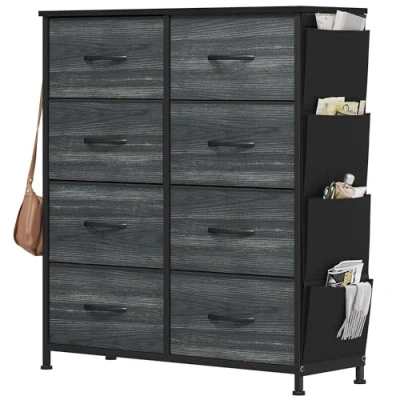 Immagine di YITAHOME Cassettiera in tessuto con tasche laterali, ganci, armadietto 8 cassetti, per Corridoio, vano contenitore soggiorno, camera da letto, Venatura del legno nero