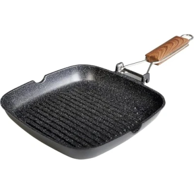 Immagine di WECOOK! Ecochef Titanio Bistecchiera Ondulata, Induzione, 28x28cm, Antiaderente QUANTANIUM Ecologico senza PFOA, Alluminio Fuso, 5mm di Spessore, Manico in Legno Pieghevole, Vitroceramica, Gas