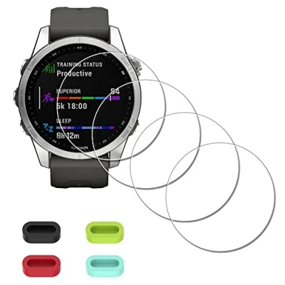 Immagine di iDaPro Pellicola vetro Applicabile per Garmin fenix 7S Solar / Sapphire Protezione,protettiva temperato Antigraffio Caricatore Port Protector Silicone Tappi [4 pezzi]