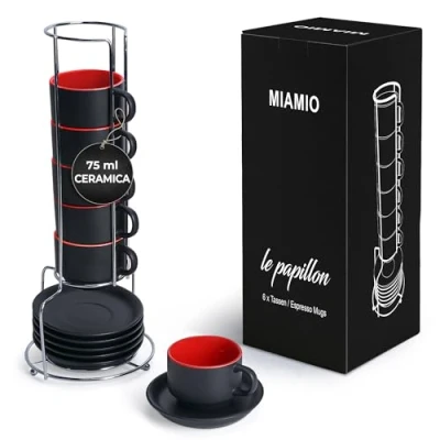 Immagine di MIAMIO 6 x 75 ml Espresso Tazzina da caffè Sei Tazzine Impilabili Set di Tazze Caffè, Ceramica Le Papillon Collezione (Rosso)