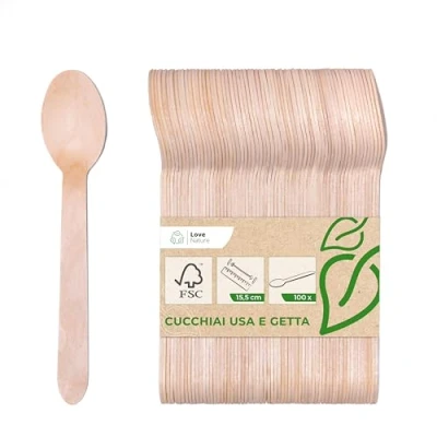 Immagine di Love Nature Set di cucchiai in legno usa e getta, 100 posate getta legno, monouso betulla, cucchiaio biodegradabili