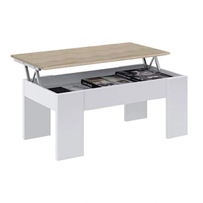 Immagine di Habitdesign 0F1640A Tavolino da Salotto Low Cost, Tavolo Pranzo Colore Rovere Canadese Bianco Artik, Misura 100 cm (Lunghezza) x 45 56 (Altezza) 50 (profondità)