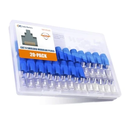 Immagine di Cable Matters Confezione da 20 connettori schermati RJ45 Cat8 Cat7 Cat6 con fermacavo per cavi Ethernet solidi o intrecciati (Connettore Cat8/Connettore Cat 8 / Connettore Cat8)