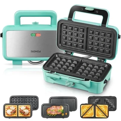 Immagine di Piastra Waffles Maker 3 in 1, 1200W Tostapane Panini, Tostiera Elettrica, ad Alta Potenza, Controllo della Temperatura a 5 Marce, Deposito Cavi, Rivestimento Antiaderente (Blu)