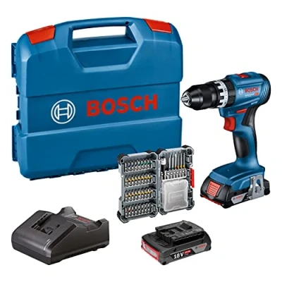Immagine di Bosch Professional 18V System Trapano avvitatore con percussione a batteria GSB 45 (velocità di rotazione 1.900 giri/min, 2 batt. da 2.0 Ah, accessori, GAL 20, L Case) Amazon Exclusive