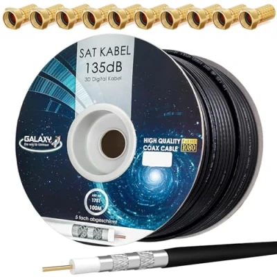 Immagine di HB Digital Set: 100 m di Cavo coassiale SAT 135db nero + 10x F Plug placcati oro CCS (acciaio rame) antenna satellitare schermato 5 volte per sistemi DVB S/S2 C/C2 T/T2 DAB+ Radio BK