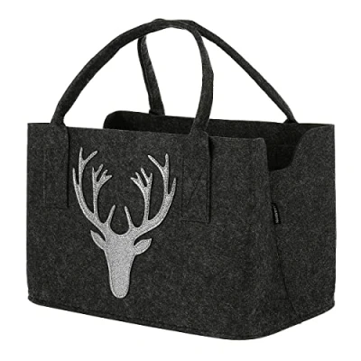 Immagine di Nordstern Borsa in feltro per legna da ardere con testa di cervo scintillante, grigio scuro, 40 x 25 cm, Rustico