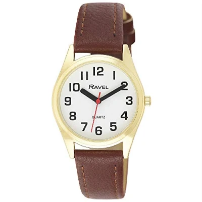 Immagine di Ravel Orologio Unisex Super Audace Cinturino di Aiuto alla vista con Grandi Numeri Quadrante Bianco/Colore Oro/Marrone