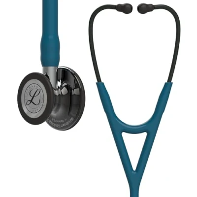 Immagine di 3M Littmann Stetoscopio diagnostico Cardiology IV, testina con finitura altamente lucidata nerofumo, tubo auricolare blu caraibi, connettore a specchio e archetto 69 cm, 6234